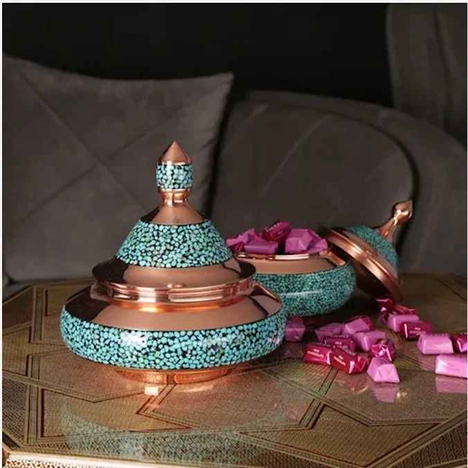 تصویر 4 از قندان مسی فیروزه کاری با هنر دست و کیفیت بالا